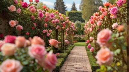 Rose bush in full bloom, its vibrant flowers and lush greenery contrasting beautifully with the softly blurred background