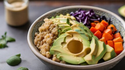 A nourishing buddha bowl featuring quinoa, roasted vegetables and avocado slices