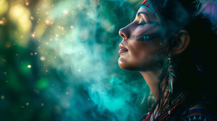 mystical world of a pretty Native American shaman woman as she embarks on a secret ayahuasca ritual, filled with wonder, spiritual revelations, and a psychedelic trip - obrazy, fototapety, plakaty
