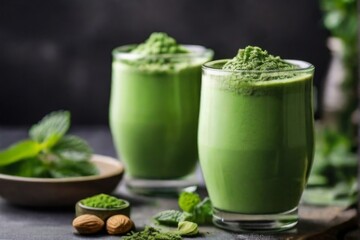 Obraz na płótnie Canvas Detoxifying green latte served in glass mugs