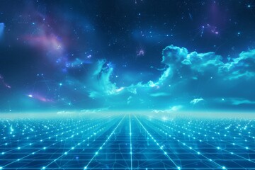 Space and galaxy field over blue floor with clear sky.