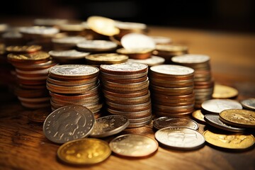 Set of gold coins in different positions. ai generated