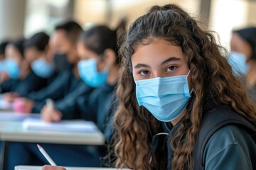 High school student taking notes while wearing face mask. - obrazy, fototapety, plakaty