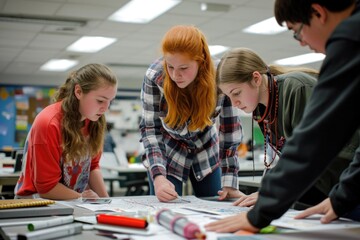 High school students collaborate on campus project.