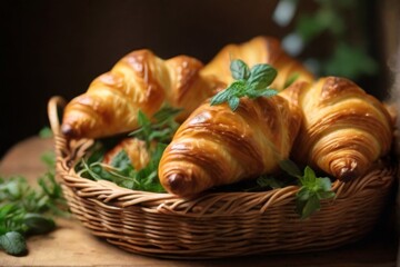 A close-up shot of golden brown croissants arranged in a wicker basket