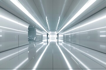 Obraz premium Shiny modern corridor and reflection on the wall with lights.