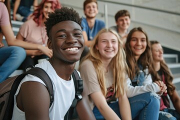 Obraz premium Happy multiethnic students laughing on high school stairs.