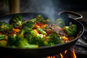 Close-up shot of broccoli stir-fry in a sizzling pan,