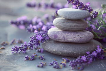 Spa still life with stack of stones and lavenders.