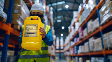 Warehouse personnel show warning signs of hazardous substances in hand, indicating preparedness in emergency situations and preparations to prevent potential dangers. MSDS and safety chemical concept