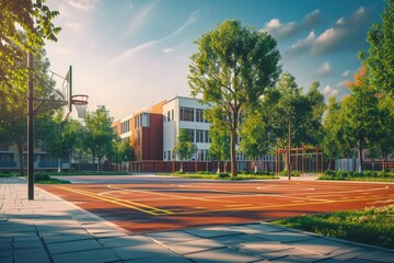 Schoolyard with basketball court and playground in sunny evening. - Powered by Adobe