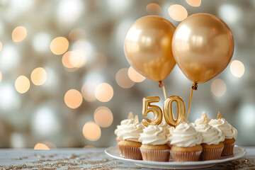 Background for a 50 years birthday anniversary, cake with golden numbers and balloons