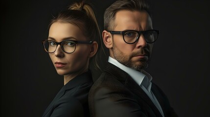 Professional man and woman in business attire posing back to back. studio portrait with a sleek, modern vibe. ideal for corporate branding. AI