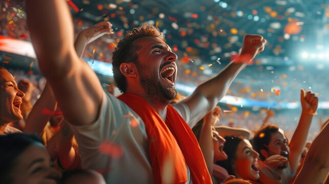 Support. Back view of football, soccer fans cheering their team with colorful scarfs at crowded stadium at evening time. Concept of sport, cup, world, team, event, competition.