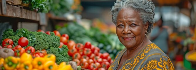 An elderly African woman selecting fresh fruits and vegetables at a busy outdoor farmers market. - obrazy, fototapety, plakaty