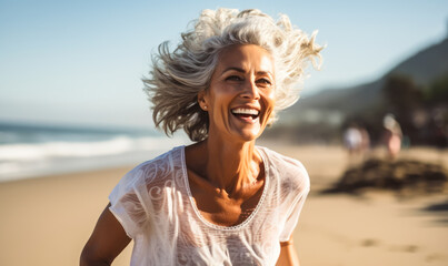 Joyful senior woman with white hair running on the beach, embodying active aging and wellness with a bright smile, in a coastal morning fitness routine - obrazy, fototapety, plakaty