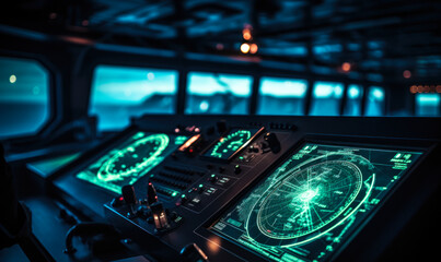 Advanced maritime navigation radar screen glowing in a dimly lit ship's bridge, highlighting the sophisticated technology used for marine travel - obrazy, fototapety, plakaty