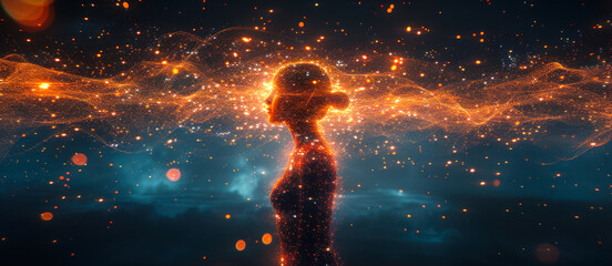 Digital Human Concept with a Female Silhouette Emerging from a Burst of Glowing Particles, Symbolizing Connectivity, AI, and Virtual Reality