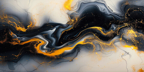 Elegant fluid art with swirling black, grey, and gold colors, creating an abstract marble effect that exudes luxury, sophistication, and artistic expression - obrazy, fototapety, plakaty