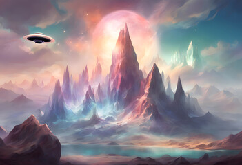 A utopian fantasy mountain range with sharp rocks on an alien planet - obrazy, fototapety, plakaty