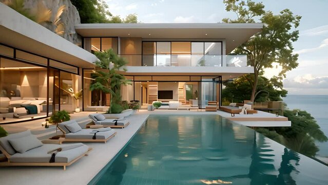 Luxury beach house with sea view swimming pool and terrace in modern design. Lounge chairs on wooden floor deck at vacation home or hotel. 3d illustration of contemporary holiday villa exterior. 