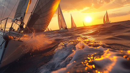 Sailboat at sunset at open sea, competitive. - obrazy, fototapety, plakaty