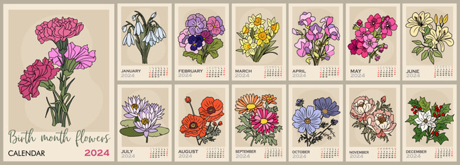 Floral calendar template for 2024 . Vertical design with birth month flowers. Vector illustration page template A3, A2 for printable wall monthly calendar. Week starts on Monday. - Powered by Adobe