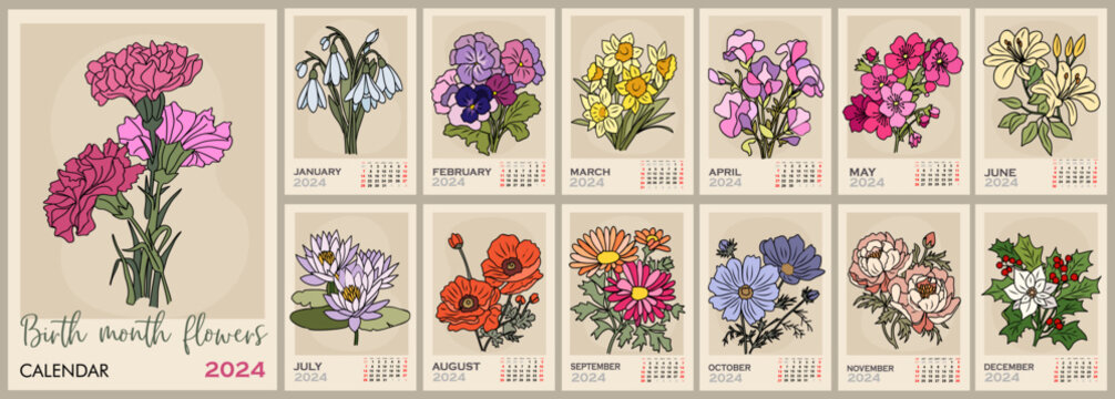 Floral calendar template for 2024 . Vertical design with birth month flowers. Vector illustration page template A3, A2 for printable wall monthly calendar. Week starts on Monday.