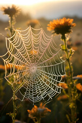Spider web with dewdrops at sunrise. Nature background.