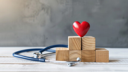 Wooden cubes with a blue health icon and Red heart and stethoscope on a white table, health insurance, love, support, International Cardiology Day.World Heart Day.World Health Day 