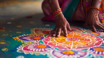 Close-up view of hand creating a vibrant rangoli. traditional indian art form crafted with care and precision. perfect for cultural exhibitions. AI