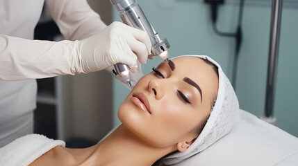 Naklejka premium Beautician making skin care procedure to his patient in spa salon. Beauty antiaging, lifting procedures, laser skin treatment, ultrasonic facial cleansing procedure in clinic. Beauty industry concept.