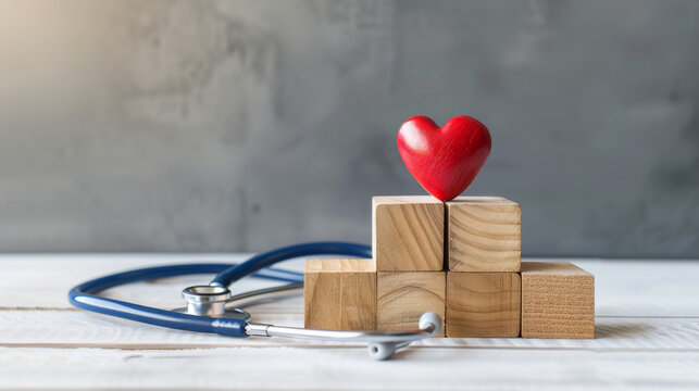 Wooden cubes with a blue health icon and Red heart and stethoscope on a white table, health insurance, love, support, International Cardiology Day.World Heart Day.World Health Day 