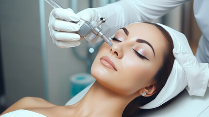 Facial skin care. Close-up of a woman receiving hydro microdermabrasion facial peeling at a cosmetic spa clinic. Vacuum cleaner Hydra. Exfoliation, rejuvenation and hydration. Cosmetology.