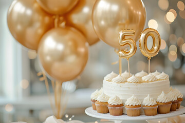 Background for a 50 years birthday anniversary, cake with golden numbers and balloons