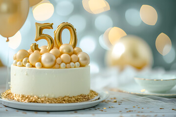 Background for a 50 years birthday anniversary, cake with golden numbers and balloons