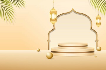 Realistic ramadan podium or stage decoration background. 3d product display podium with islamic themed for ramadan kareem or eid mubarak