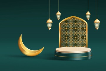 Realistic ramadan kareem display podium background with golden lamp and crescent moon. 3d product display podium green and gold themed islamic
