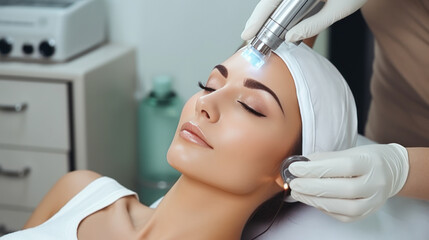 Facial skin care. Close-up of a woman receiving hydro microdermabrasion facial peeling at a...