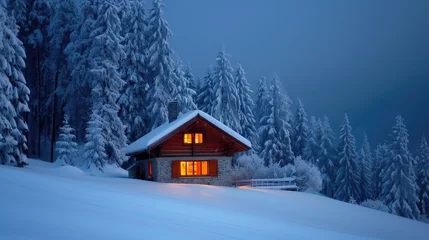 Fotobehang Cozy winter scene cabin by snow-covered trees warm light within © chayantorn