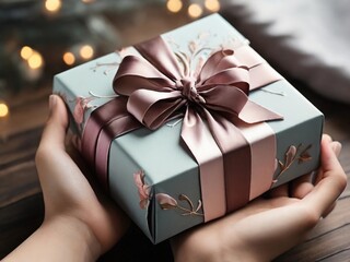 Hands holding gift box wrapped and decorated with satin ribbon.