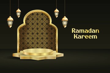 Luxury realistic ramadan kareem display podium background. Concept of islamic celebration ramadan or eid mubarak with 3d podium illustration