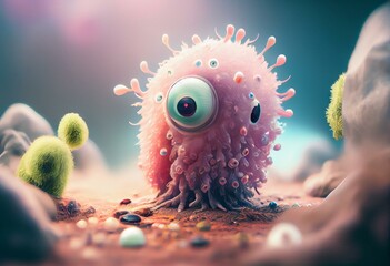 Join adventure with curious little amoeba and explore world of microorganisms. cute children creature, AI generation. Generative AI - obrazy, fototapety, plakaty