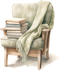 Wooden armchair with green blanket and a pile of books. Generative AI.