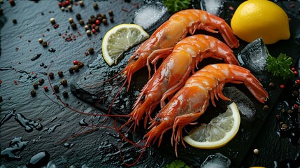 Fresh shrimp on ice with lemon slices, dark background. gourmet seafood presentation for culinary delights. perfect for restaurant menus. AI