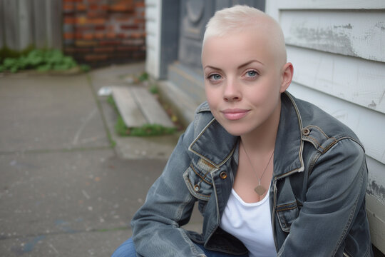 woman with shaved bald blond bleached hair wearing denim jacket sitting on stoop outside weatherboard house