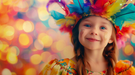 A Joyful Child in a Colorful Carnival Costume with Feather Headdress and Glitter Makeup Smiling with Bokeh Lights Background. Copy space. Generative AI