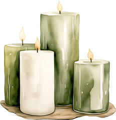 White and green watercolor candles. Generative AI.