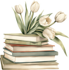 Bouquet of white tulips on books. Generative AI.