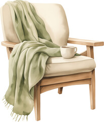 Beige wooden armchair with green blanket and white cup of coffee. Generative AI.